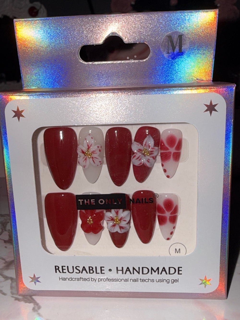 The Only Nails Red Floral Reusable Press-On Nails in Medium